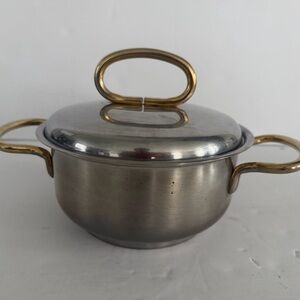 Vintage Stainless Steel Mini Casserole Pot w/ Lid 18-12 Acier Inox Brass Handles